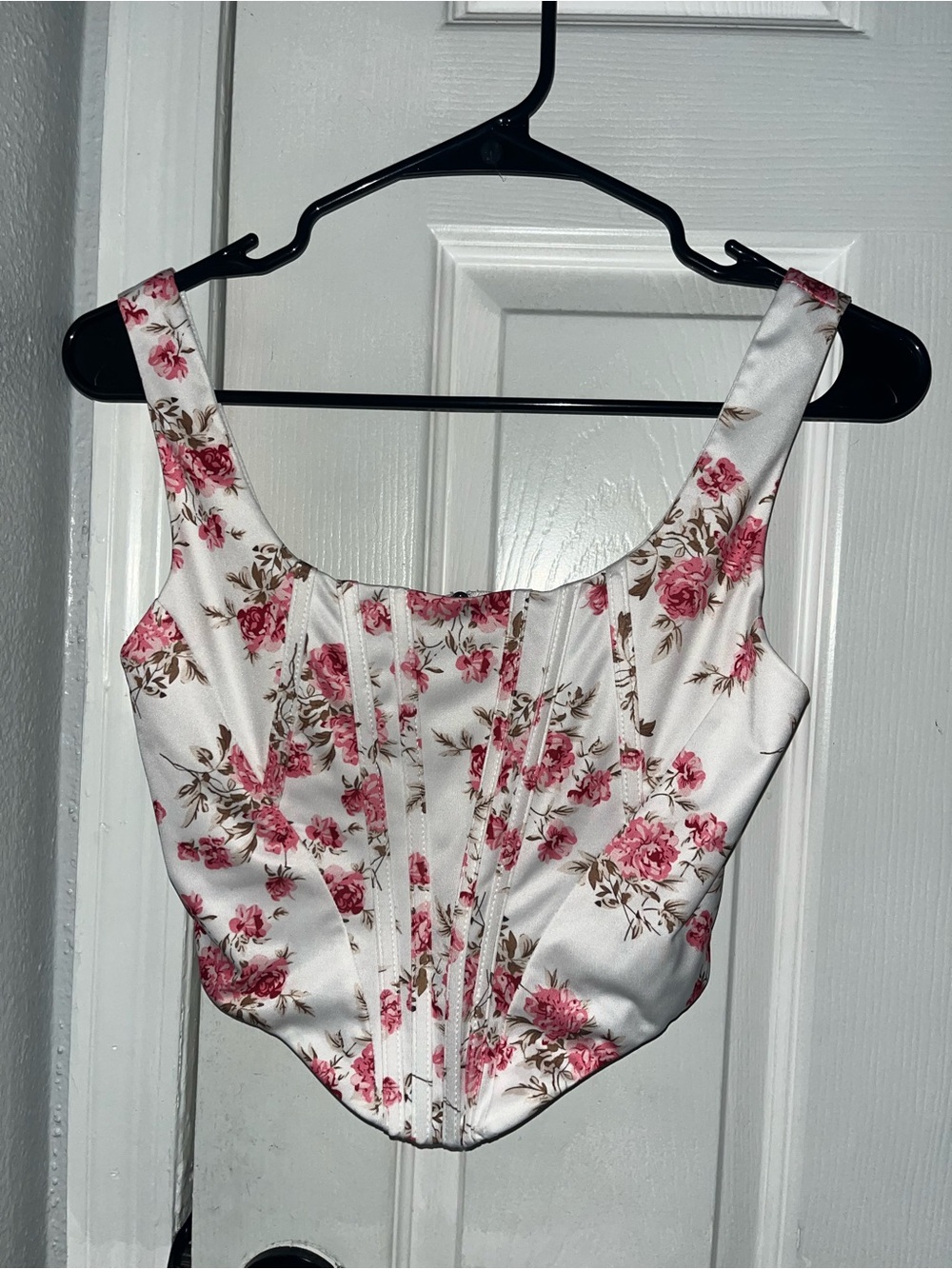 Floral Satin Corset Top in Pink and Cream